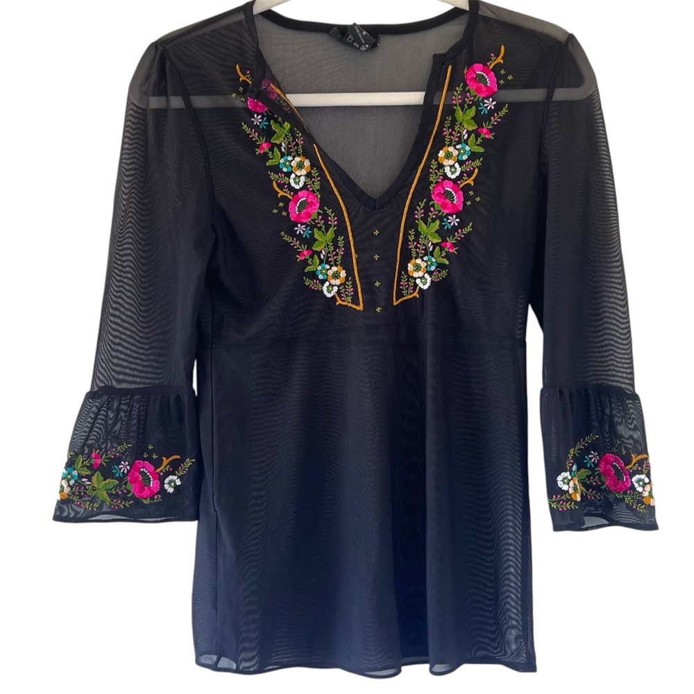 Express Black Sheer Floral Witchy Dark Goddess Fairy Grunge Boho Blouse Sz S